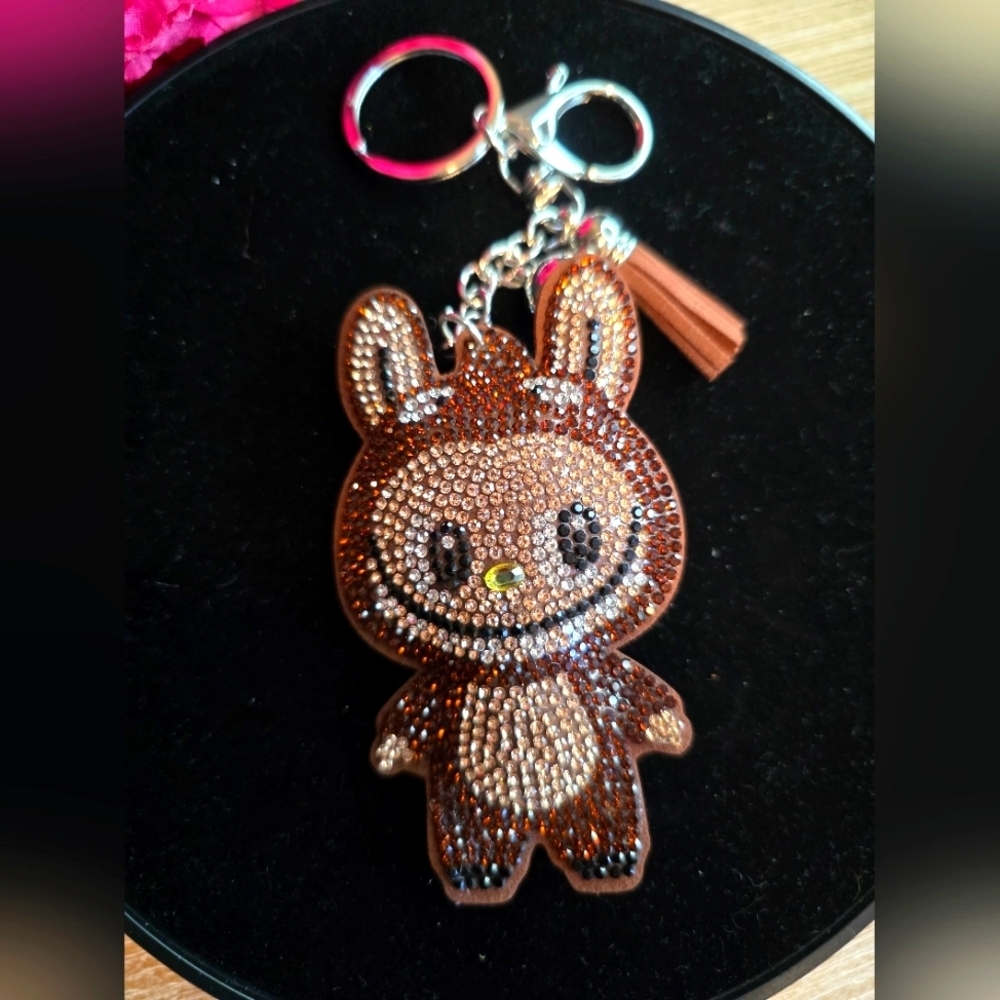 Brown Labubu Rhinestone Handbag Charm - Keychain